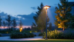 A photograph of a beautifully designed led solar lamp post illuminating a modern outdoor space at dusk