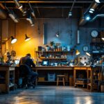 A photograph of a well-lit garage workshop showcasing various types of lighting fixtures in action