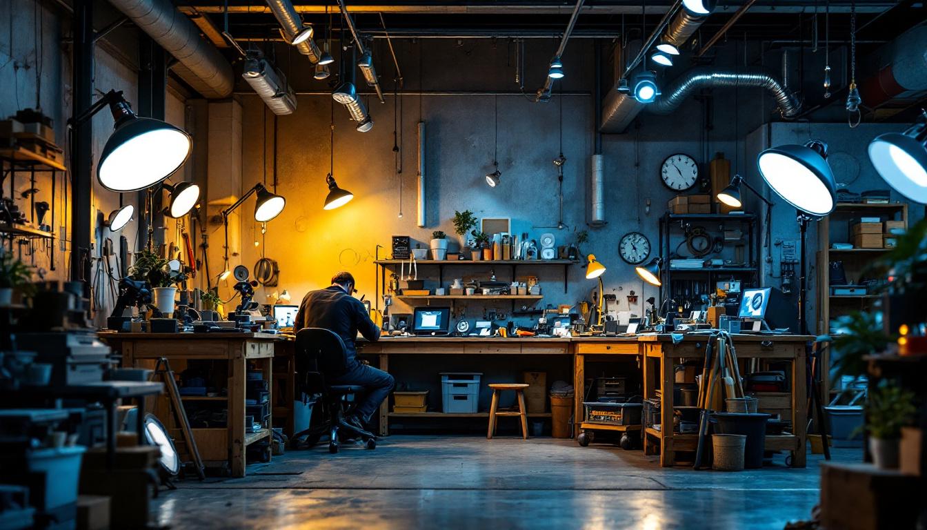 A photograph of a well-lit garage workshop showcasing various types of lighting fixtures in action