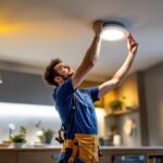 A photograph of a lighting contractor installing or adjusting satco recessed lighting in a modern home setting