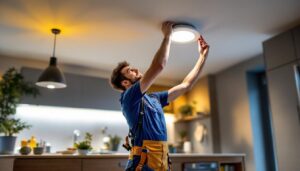 A photograph of a lighting contractor installing or adjusting satco recessed lighting in a modern home setting
