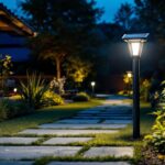 A photograph of a well-lit outdoor space showcasing a stylish led solar post light illuminating a pathway or garden area