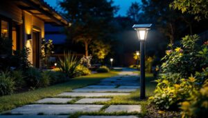 A photograph of a well-lit outdoor space showcasing a stylish led solar post light illuminating a pathway or garden area