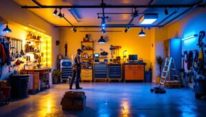 A photograph of a well-lit garage showcasing various lighting options