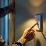 A photograph of a lighting contractor demonstrating the installation and adjustment of a modern light dimmer switch in a stylish home setting