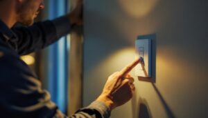 A photograph of a lighting contractor demonstrating the installation and adjustment of a modern light dimmer switch in a stylish home setting