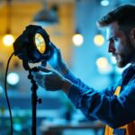 A photograph of a lighting contractor installing or adjusting a par lamp in a commercial or residential setting