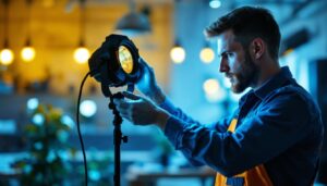 A photograph of a lighting contractor installing or adjusting a par lamp in a commercial or residential setting