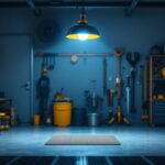 A photograph of a well-lit garage featuring a stylish and functional light fixture