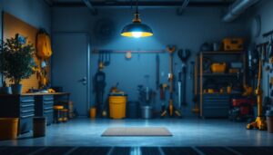 A photograph of a well-lit garage featuring a stylish and functional light fixture