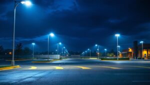 A photograph of a well-lit parking lot showcasing rab parking lot lights in action during dusk or nighttime