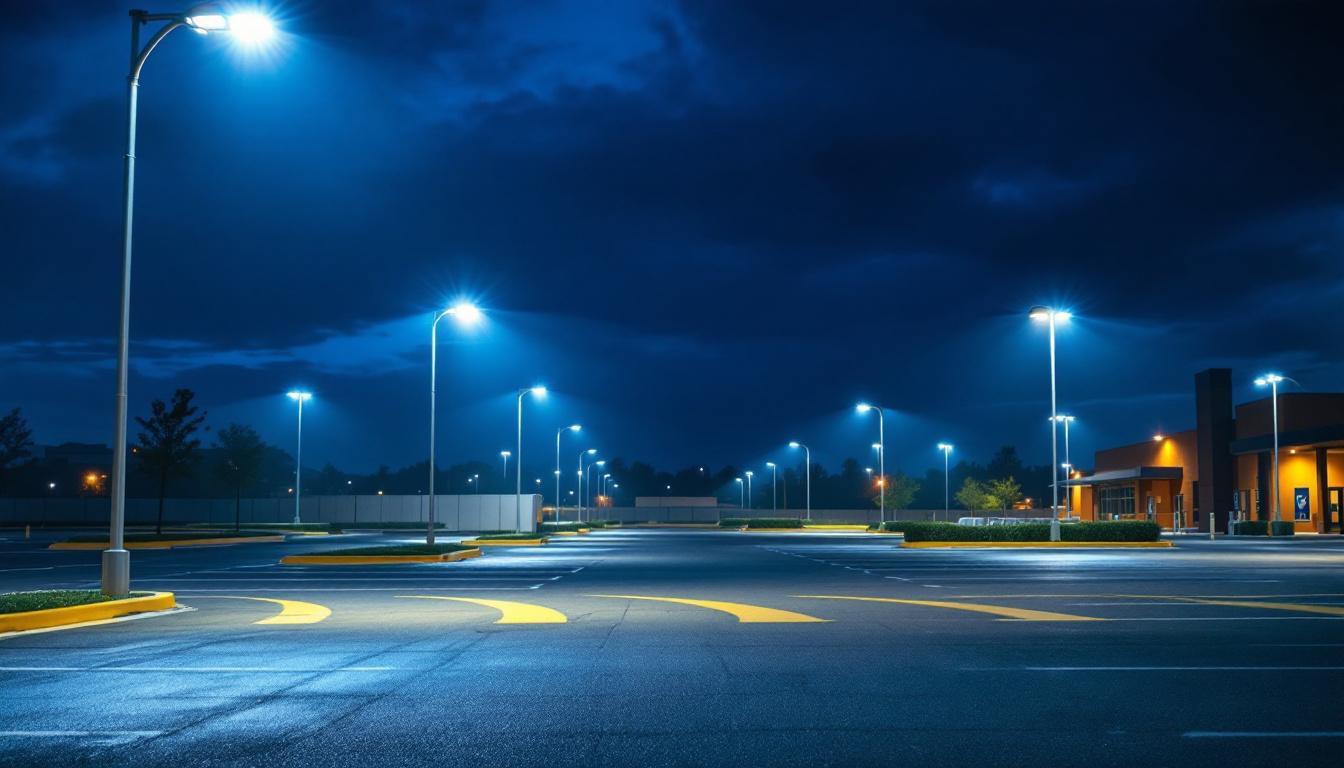 A photograph of a well-lit parking lot showcasing rab parking lot lights in action during dusk or nighttime