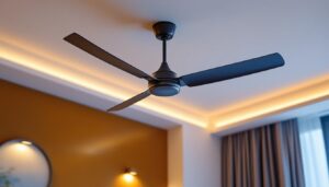 A photograph of a stylish big blade ceiling fan installed in a modern interior setting