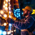 A photograph of a skilled lighting contractor at work