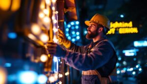 A photograph of a skilled lighting contractor at work