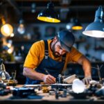 A photograph of a lighting contractor at work