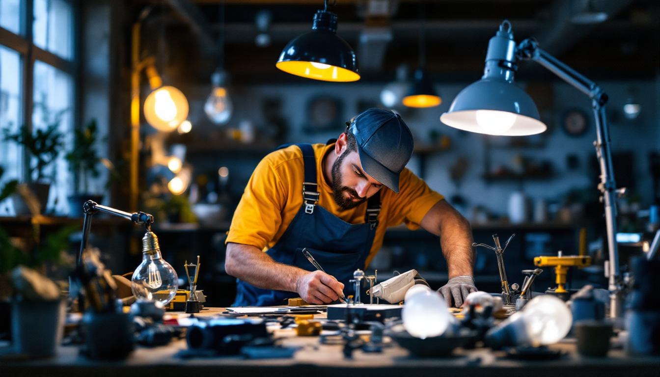 A photograph of a lighting contractor at work