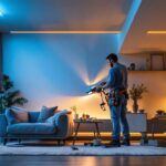 A photograph of a lighting contractor expertly installing recessed lighting in a modern home setting