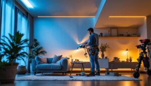 A photograph of a lighting contractor expertly installing recessed lighting in a modern home setting