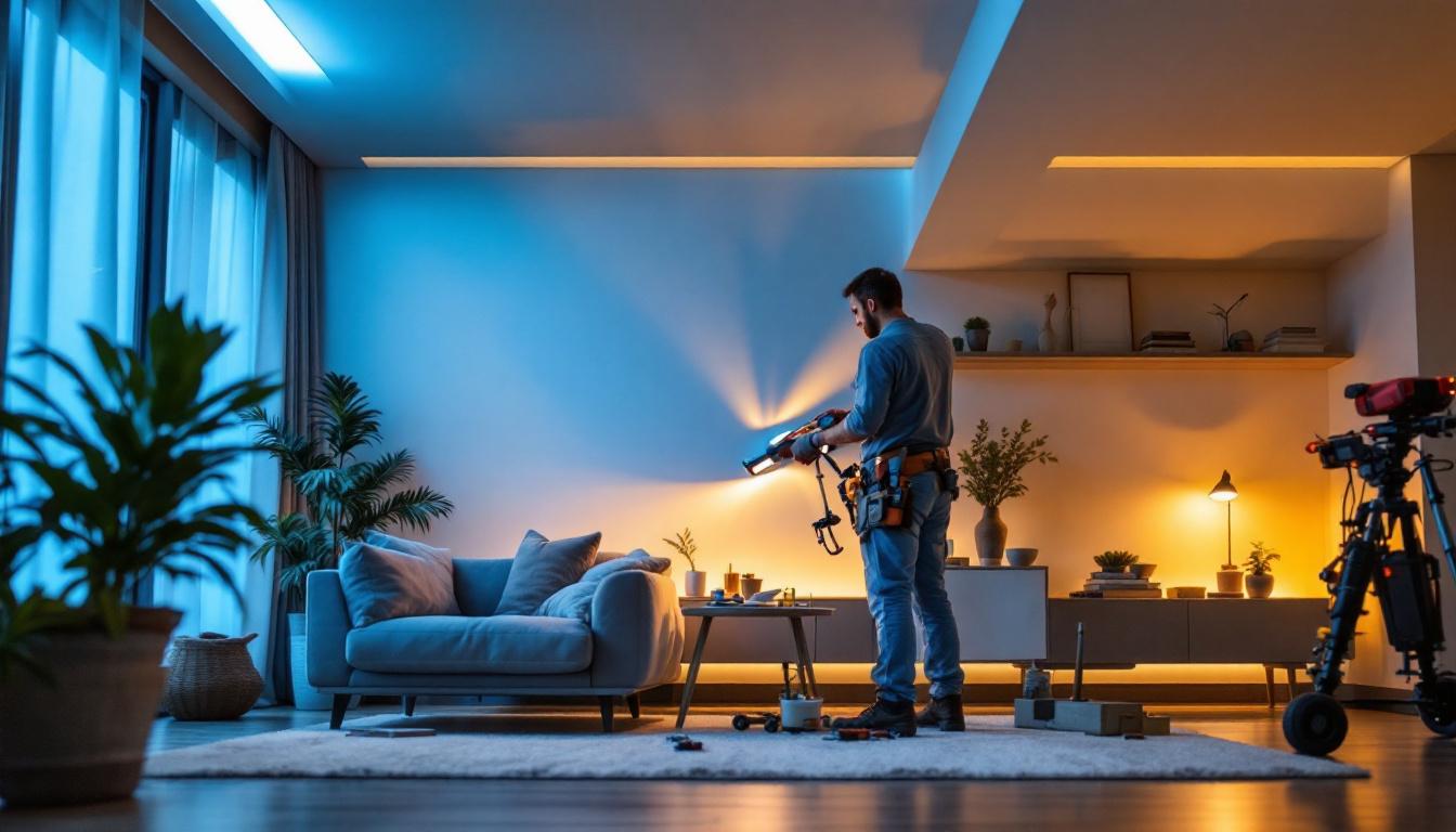 A photograph of a lighting contractor expertly installing recessed lighting in a modern home setting