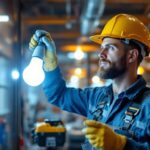 A photograph of a lighting contractor installing a 277v led bulb in a commercial setting