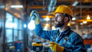 A photograph of a lighting contractor installing a 277v led bulb in a commercial setting