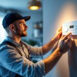 A photograph of a lighting contractor installing or adjusting a programmable timer light in a modern home setting