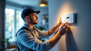 A photograph of a lighting contractor installing or adjusting a programmable timer light in a modern home setting