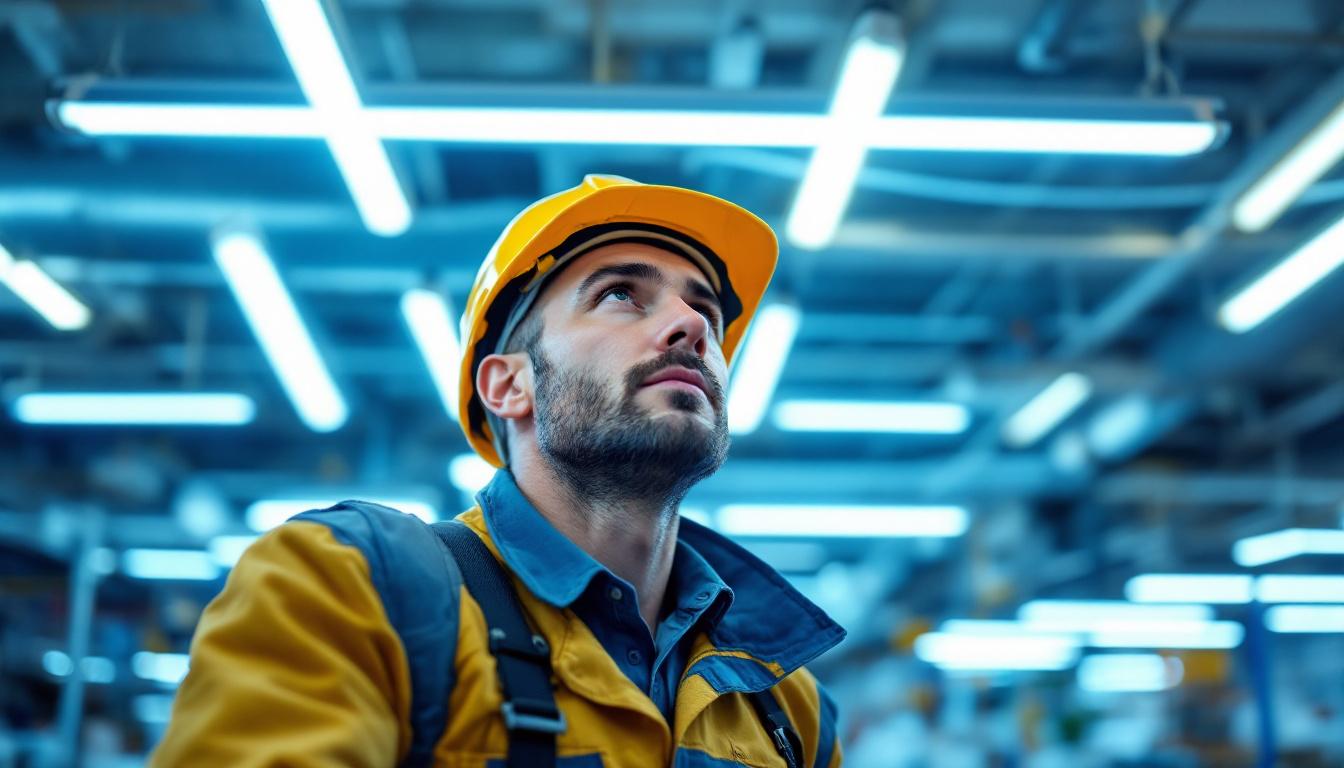 A photograph of a lighting contractor in action