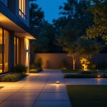 A photograph of a well-lit outdoor space showcasing modern security lighting features