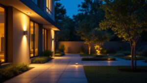 A photograph of a well-lit outdoor space showcasing modern security lighting features