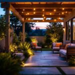 A photograph of a well-lit outdoor space featuring various styles of discount outdoor lighting fixtures