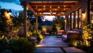 A photograph of a well-lit outdoor space featuring various styles of discount outdoor lighting fixtures