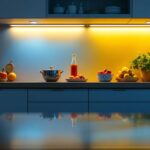 A photograph of a stylish kitchen featuring bright under cabinet lights illuminating the countertop