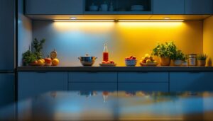 A photograph of a stylish kitchen featuring bright under cabinet lights illuminating the countertop