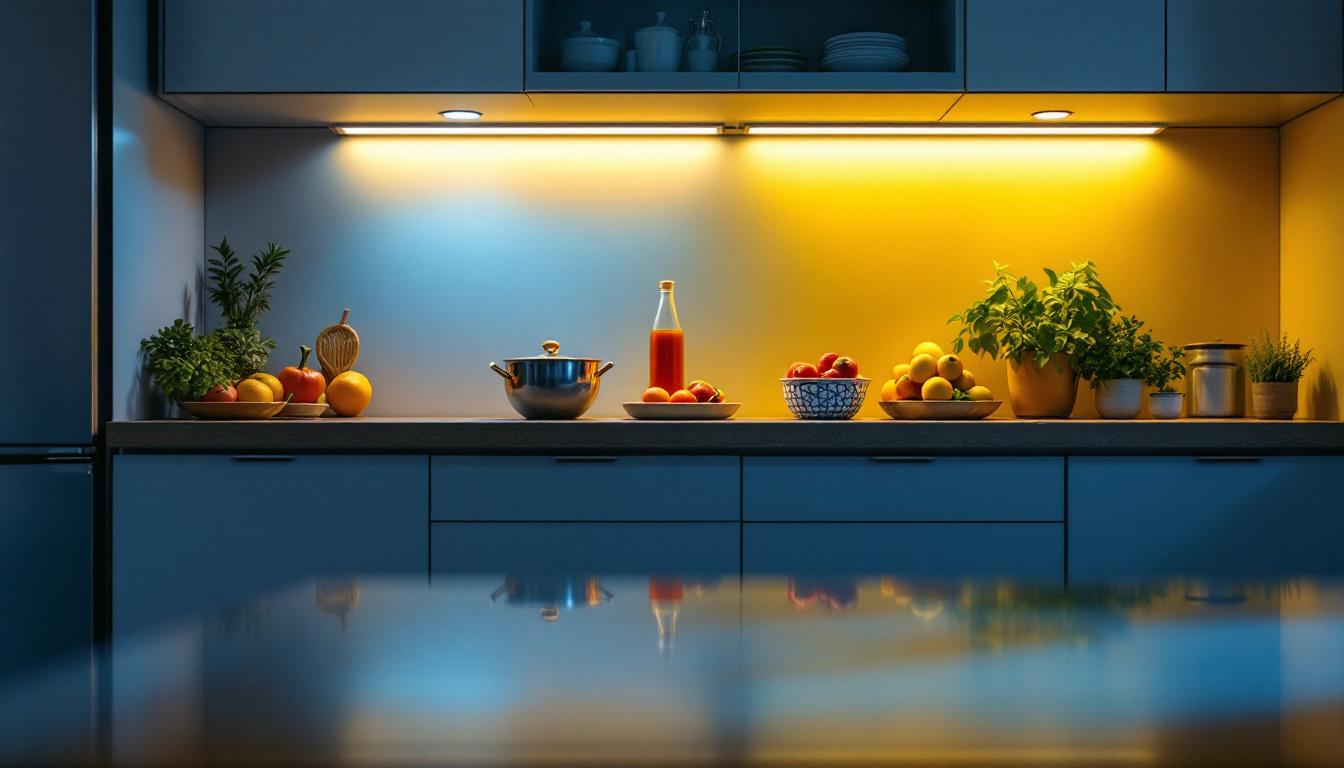 A photograph of a stylish kitchen featuring bright under cabinet lights illuminating the countertop