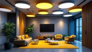A photograph of a well-lit modern space featuring various styles of recessed lighting fixtures