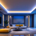 A photograph of a beautifully designed room featuring a modern tray ceiling illuminated by sleek led lights