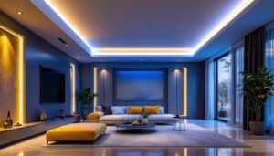 A photograph of a beautifully designed room featuring a modern tray ceiling illuminated by sleek led lights