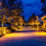 A photograph of a well-lit outdoor space showcasing various led lighting installations