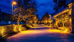 A photograph of a well-lit outdoor space showcasing various led lighting installations