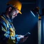 A photograph of a lighting contractor working in a dimly lit environment