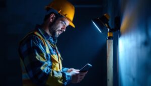 A photograph of a lighting contractor working in a dimly lit environment