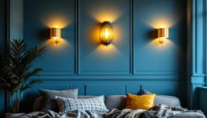 A photograph of a beautifully designed room featuring stylish lumens sconces that enhance the overall lighting ambiance