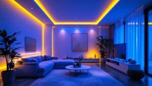 A photograph of a well-lit modern living space showcasing recessed led lighting installations