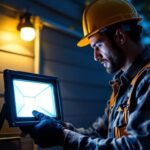 A photograph of a lighting contractor installing a dusk-to-dawn led flood light in an outdoor setting