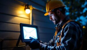 A photograph of a lighting contractor installing a dusk-to-dawn led flood light in an outdoor setting