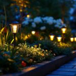 A photograph of a beautifully lit outdoor garden scene featuring various styles of led garden lights in use