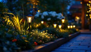A photograph of a beautifully lit outdoor garden scene featuring various styles of led garden lights in use