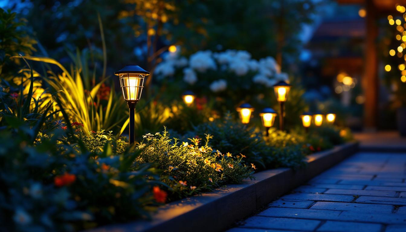 A photograph of a beautifully lit outdoor garden scene featuring various styles of led garden lights in use